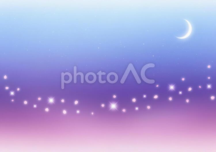 夜桜　三日月の光と煌めく桜吹雪　背景素材（紫×青） 夜桜,三日月,光の写真素材