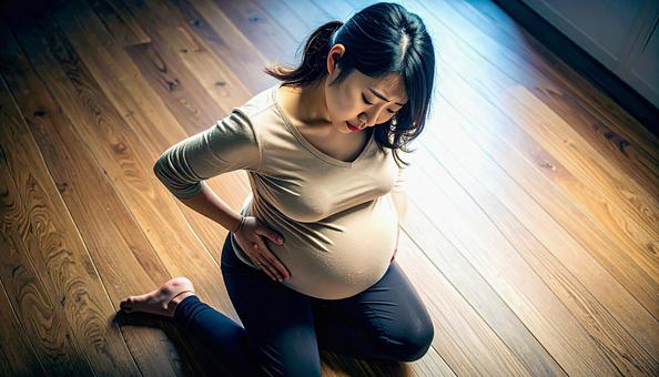 お腹が張って辛そうな妊婦 お腹が張って辛そうな妊婦の写真