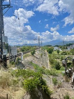 夏空と線路の眺め 夏空と線路の眺め 線路,青空,夏の写真素材