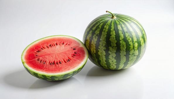 丸のままスイカと半分に切ったスイカ 丸のままスイカと半分に切ったスイカの写真