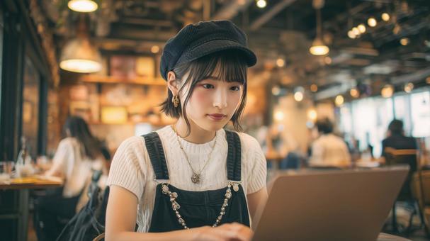 カフェでノートパソコンを使用する女性の写真