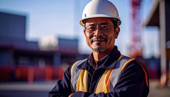 建設現場で腕組みする建設作業員 建設現場で腕組みする建設作業員の写真