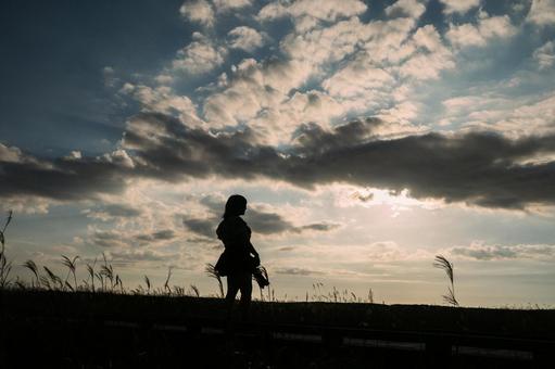 青空と夕陽と女性のシルエット 青空と夕陽と女性のシルエット 女性,シルエット,夕焼けの写真素材