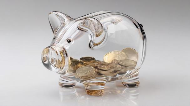 着実に貯まっていく硬貨:透明な貯金箱 着実に貯まっていく硬貨:透明な貯金箱の写真