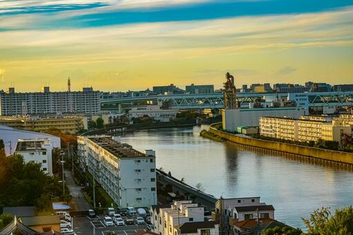 荒川区河川と工場風景 日本,東京,東京都の写真素材