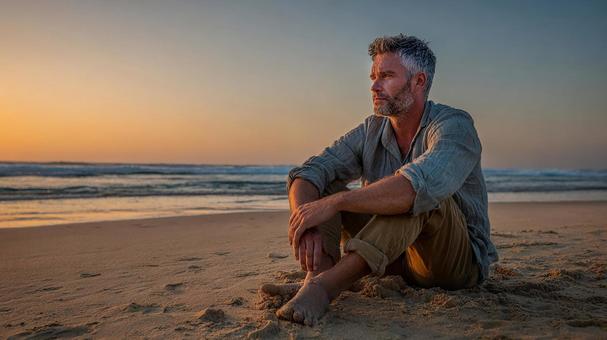 海辺の静寂、一人佇む男性 海辺の静寂、一人佇む男性の写真