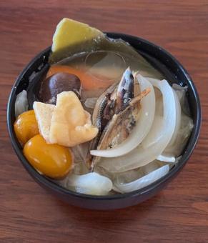 Photo, a lot of miso soup, ingredients for miso soup, vegetables, 