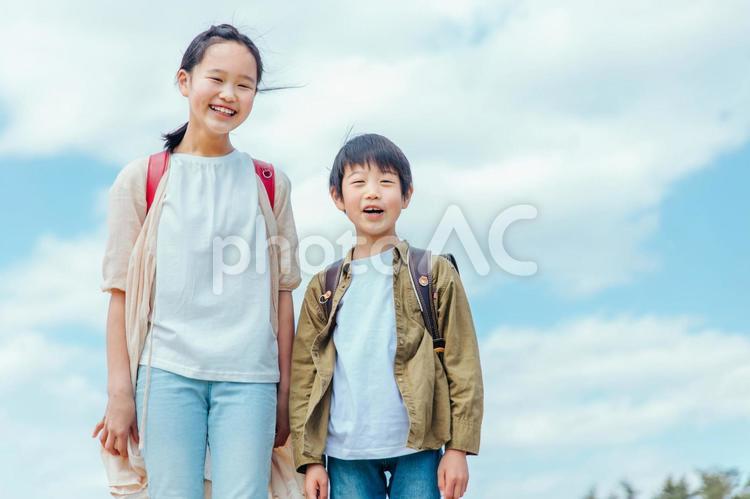 仲の良い小学生の姉弟（カメラ目線） 小学生,子供,笑顔の写真素材