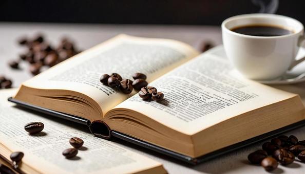 コーヒーと開いたフランス語の辞書 コーヒーと開いたフランス語の辞書の写真