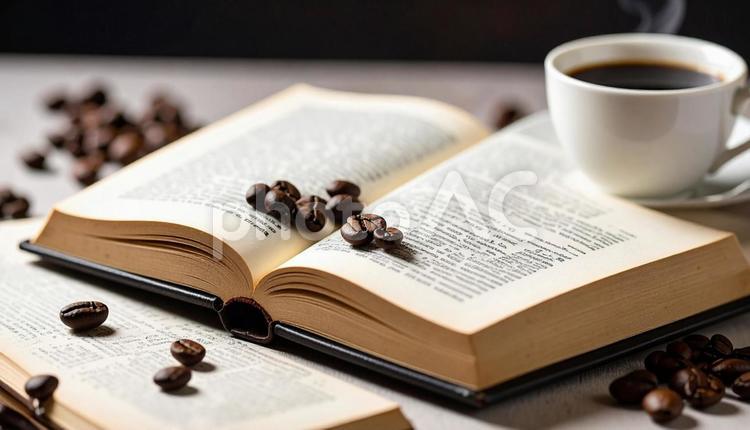 コーヒーと開いたフランス語の辞書 おしゃれ,カップ,カフェの写真素材