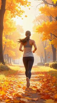 スポーツの秋 紅葉の中を走る女性 後ろ姿 スポーツの秋 紅葉の中を走る女性 後ろ姿の写真