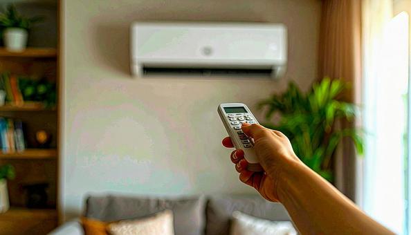 エアコンを操作するリモコンを持つ女性の手 エアコンを操作するリモコンを持つ女性の手の写真