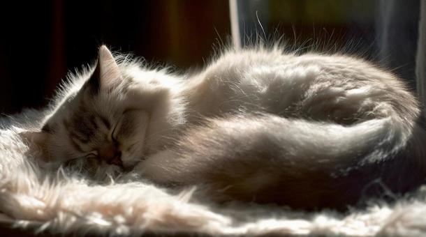 ふわふわのラグの上で眠るマンチカン・猫 ふわふわのラグの上で眠るマンチカン・猫の写真