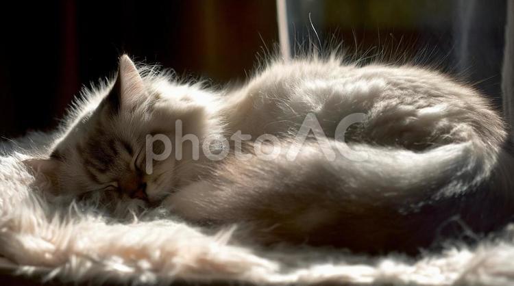 ふわふわのラグの上で眠るマンチカン・猫 マンチカン,猫,ラグの写真素材