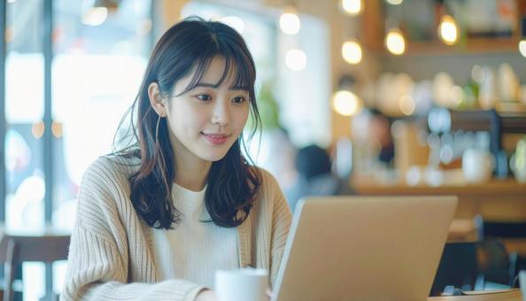カフェでノートパソコンを使う日本人女性 カフェでノートパソコンを使う日本人女性の写真