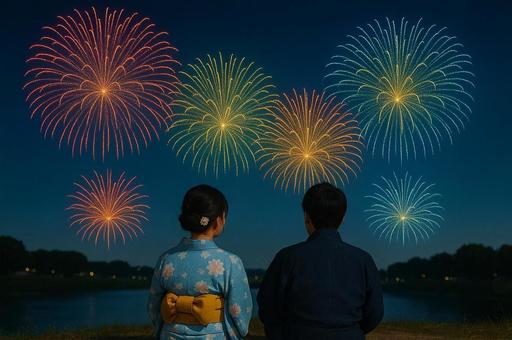 浴衣カップルが見上げる夏の夜空に咲く花火 浴衣カップルが見上げる夏の夜空に咲く花火の写真