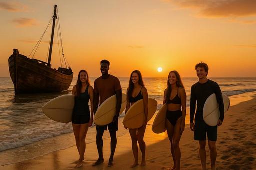 夕日とサーフィン仲間の船の写真