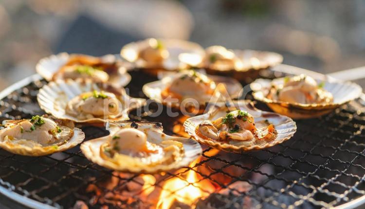 浜焼き　網で焼かれる魚介類 浜焼き,網,魚介類の写真素材