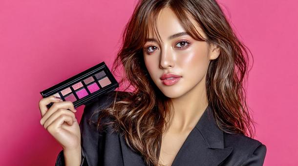 コスメ広告風の女性が持つアイシャドウ コスメ広告風の女性が持つアイシャドウの写真