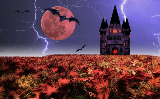 ハロウィン素材/幻想の赤い月夜と稲妻 ハロウィン素材/幻想の赤い月夜と稲妻 ハロウィン,月夜,赤い月の写真素材