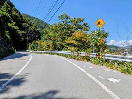 木陰の山道左カーブ~道路標識のある風景~ 木陰の山道左カーブ~道路標識のある風景~ 山道,落石注意,標識の写真素材