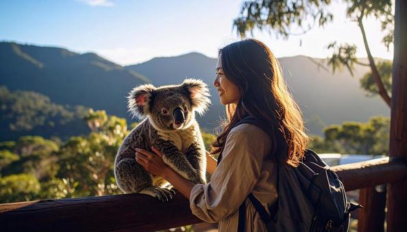 海外旅行 コアラを抱く女性 海外旅行 コアラを抱く女性の写真