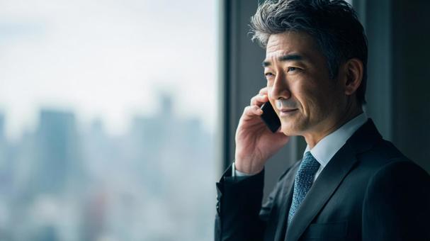 スマホで話す男性の写真