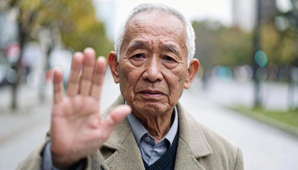 拒否するジェスチャーのおじいさん 拒否するジェスチャーのおじいさんの写真