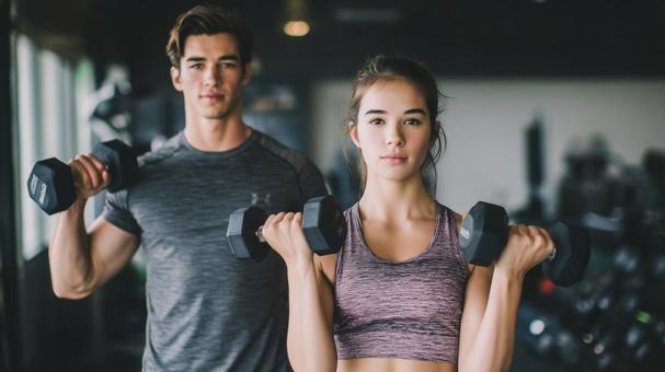 ジムでトレーニングする男女のフィットネスの写真