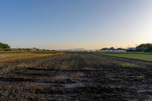 畑が広がる田舎の風景 夕暮れ,日没,風景の写真素材