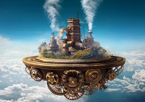 天空を漂う蒸気と歯車の浮遊都市の写真