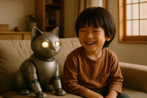 猫型ロボットと触れ合う子供 猫型ロボットと触れ合う子供の写真