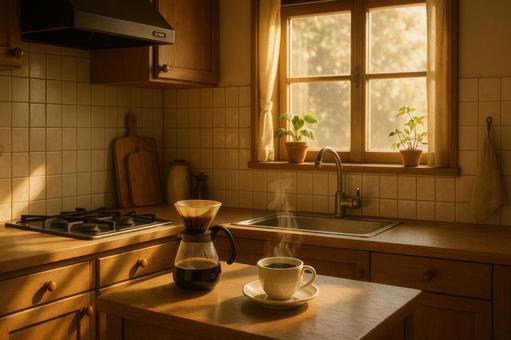 朝日のキッチンでコーヒーの写真