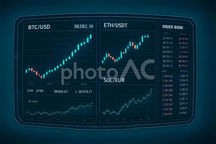 未来の暗号資産画面 ビットコイン,チャート,暗号資産の写真素材