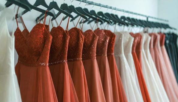 レンタルドレス屋にかかるたくさんのドレス レンタルドレス屋にかかるたくさんのドレスの写真
