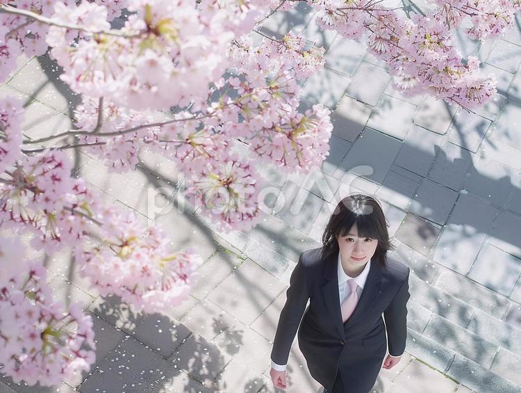 桜を見上げながら歩く女性　コピースペース 桜,人物,ビジネスパーソンの写真素材