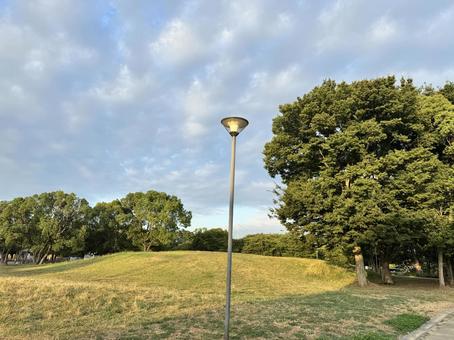 芝生の丘と街灯が映える夕暮れの公園風景 芝生の丘と街灯が映える夕暮れの公園風景 芝生,丘,公園の写真素材