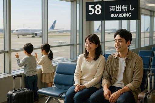 搭乗口で呼び出しを待つ日本人家族 搭乗口で呼び出しを待つ日本人家族の写真