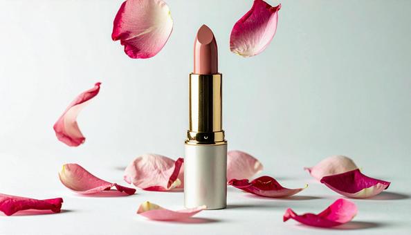 ピンク色のリップスティックと花弁 ピンク色のリップスティックと花弁の写真