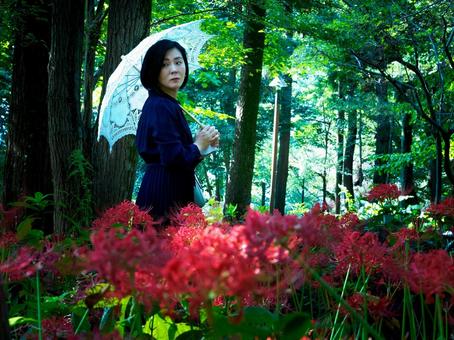 40:彼岸花を静かに眺める女性 40:彼岸花を静かに眺める女性 彼岸花,ミステリアス,悲しげの写真素材