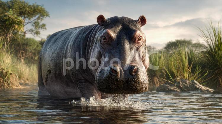 自然の中で生きる、威厳あるカバの姿 カバ,動物,生き物の写真素材