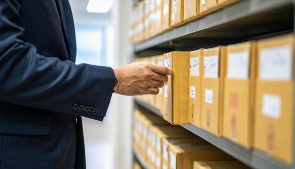 棚にファイリングされた資料を調べる男性の写真