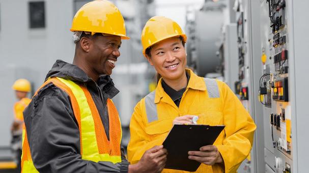 安全ヘルメットをかぶった笑顔のエンジニアの写真