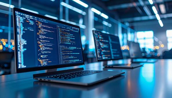 A computer that displays the source code, programming, computer, system engineer, JPG