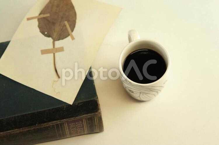 本とマグカップと押し花2 本,コーヒー,クローズアップの写真素材