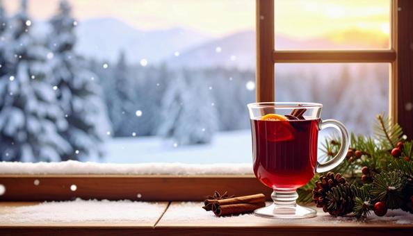雪の降る窓辺の紅茶、ホットワイン 雪の降る窓辺の紅茶、ホットワインの写真