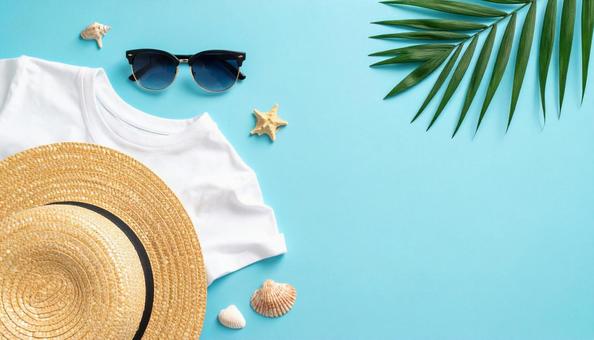 夏旅の準備、青い背景 夏旅の準備、青い背景の写真