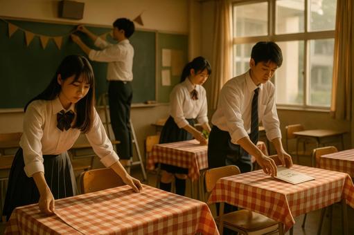 喫茶風に教室を装飾する高校生 喫茶風に教室を装飾する高校生の写真