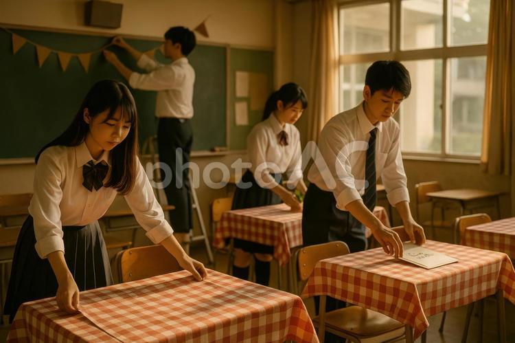 喫茶風に教室を装飾する高校生 喫茶店,高校生,教室の写真素材