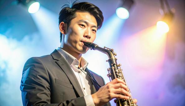 ファゴットを演奏するアジア人男性の写真